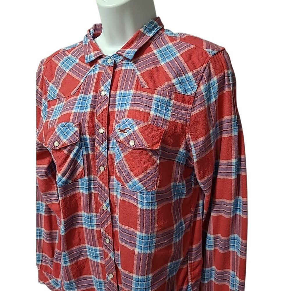 Y2K Hollister Red Plaid Pearl Snap Shirt JR L Western Button Up Cotton Top